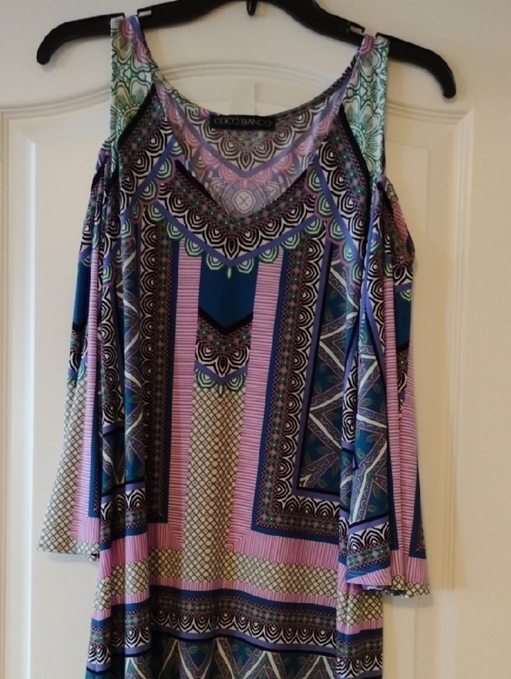 Coco Bianco Women's Multi-Pattern Cold Shoulder Tunic in Blue, Purple & Pink